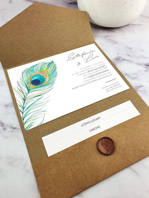 Invitación carpeta con solapas pavo real