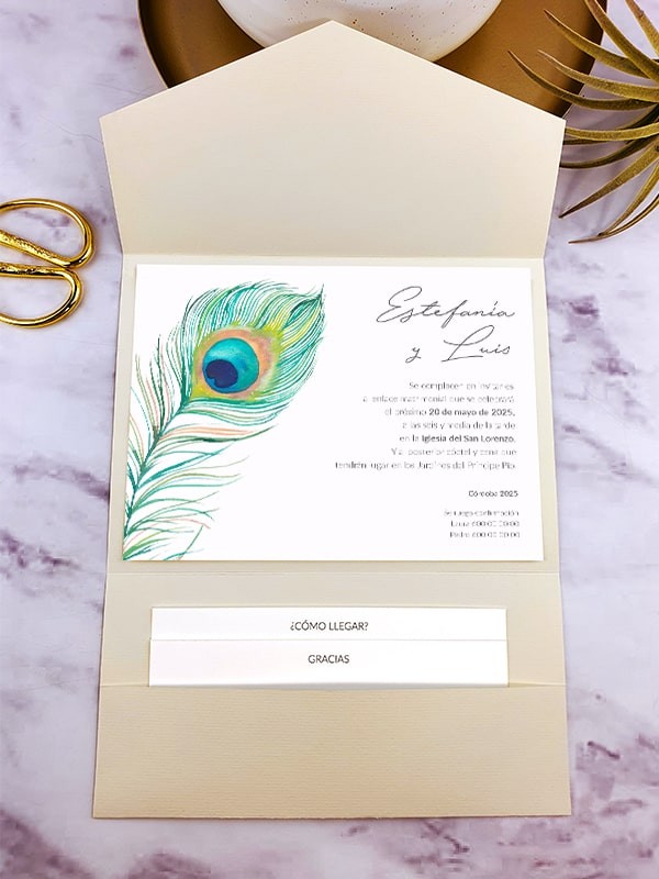 Invitación carpeta con solapas pavo real