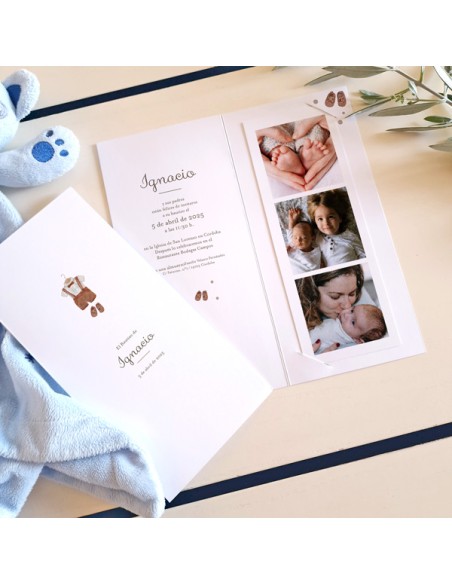 Invitación diptico photocall bautizo traje niño