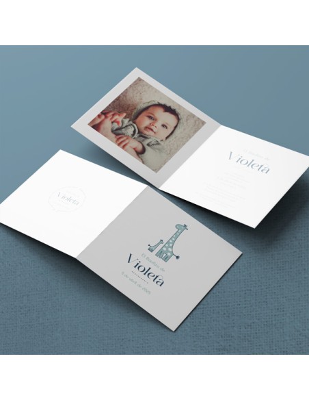 Invitación bautizo díptico cuadrado Jirafa Lola