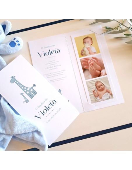 Invitación diptico photocall bautizo Jirafa Lola