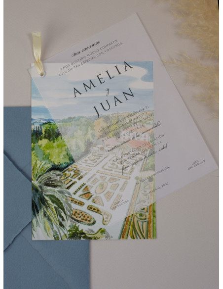 Invitación boda superpuesta transparente acuarelas
