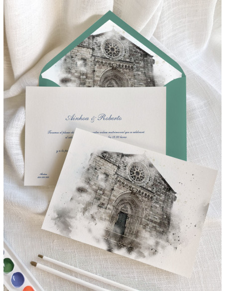 Invitaciones boda acuarela Iglesia de Santiago