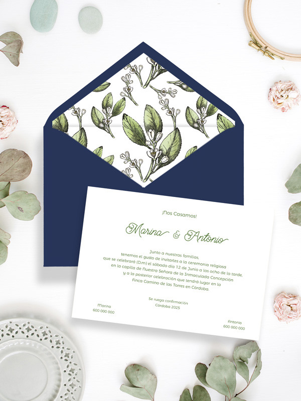 Invitación de boda original flor verde