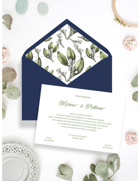 Invitación de boda original flor verde