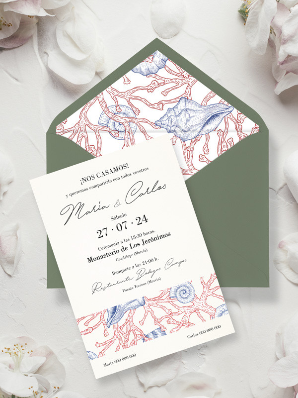 invitación de boda mar y coral con sobre barata