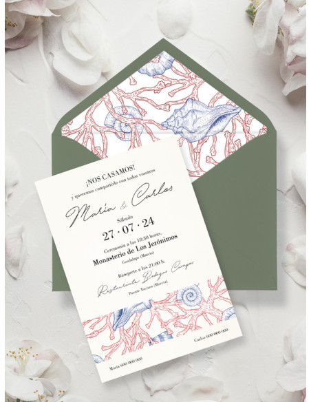 invitación de boda mar y coral con sobre barata