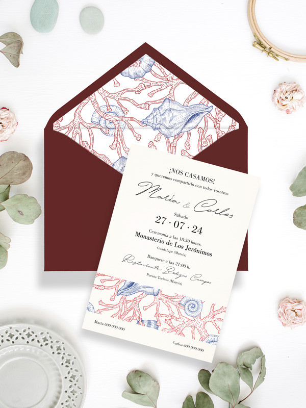 invitación de boda mar y coral con sobre detalle