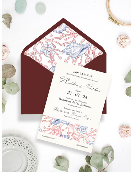 invitación de boda mar y coral con sobre detalle