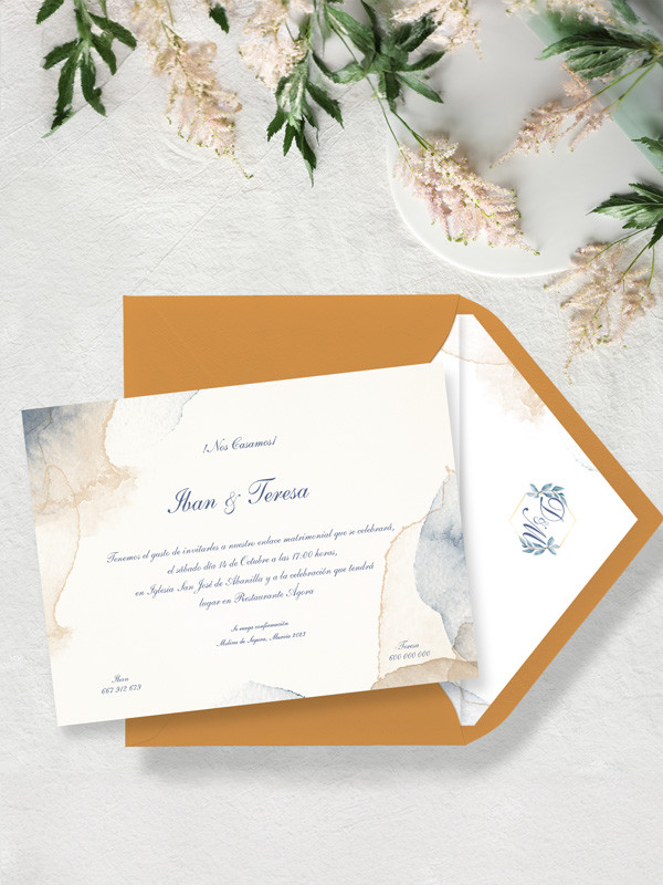 Invitación de boda con sobre estilo acuarela