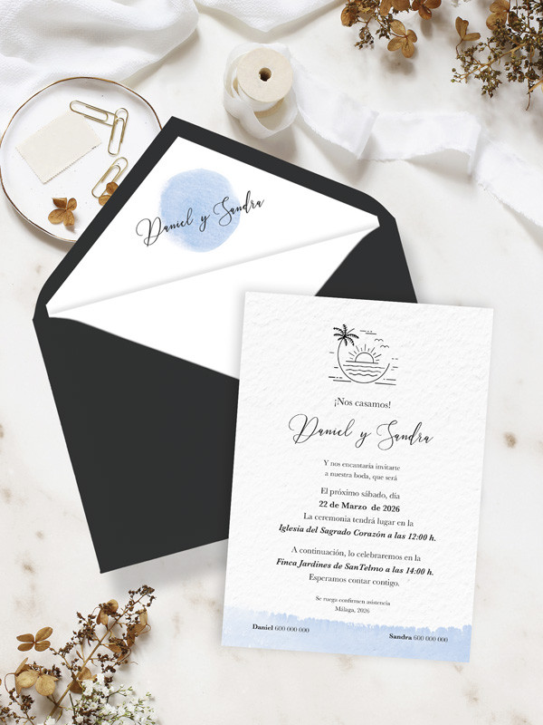 invitaciones boda acuarela playa con sobres