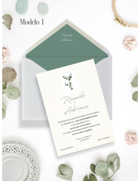 Invitación de boda eucalipto bonita