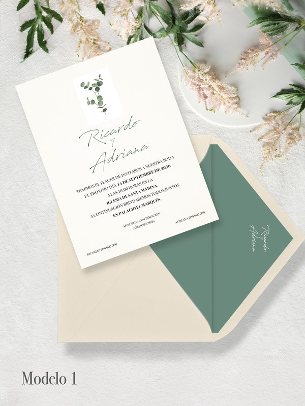 Invitación de boda eucalipto con sobre original
