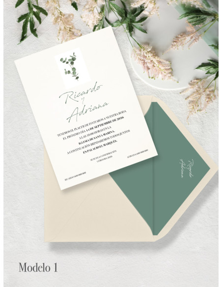 Invitación de boda eucalipto con sobre original