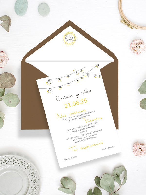 Invitacion de boda guirnalda luces Bonita