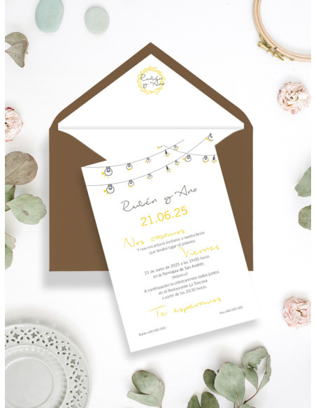 Invitacion de boda guirnalda luces Bonita