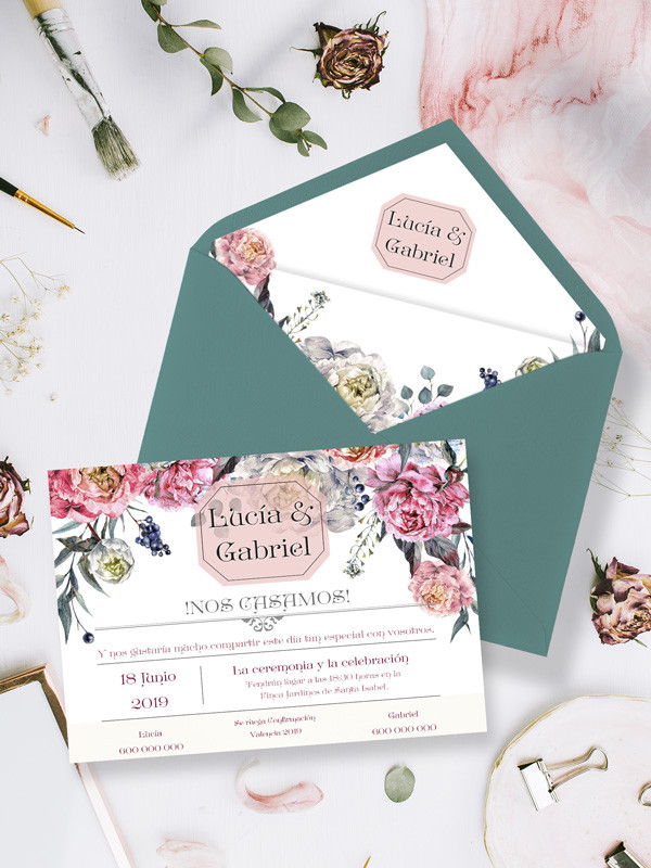 Invitaciones de boda flores peonías baratas