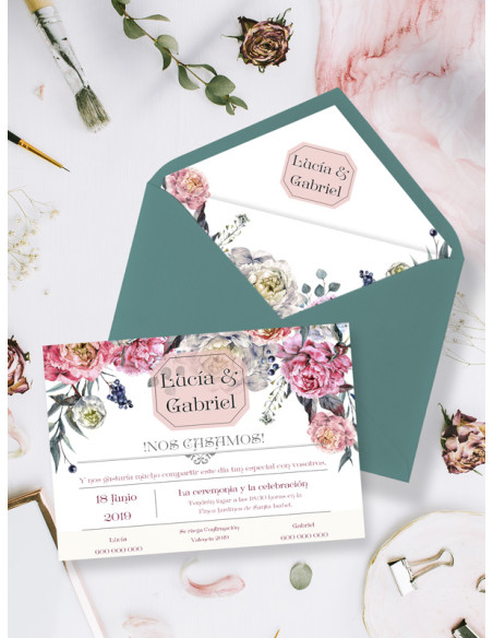 Invitaciones de boda flores peonías baratas