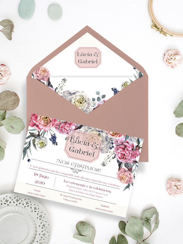 Invitaciones de boda flores peonías con sobre