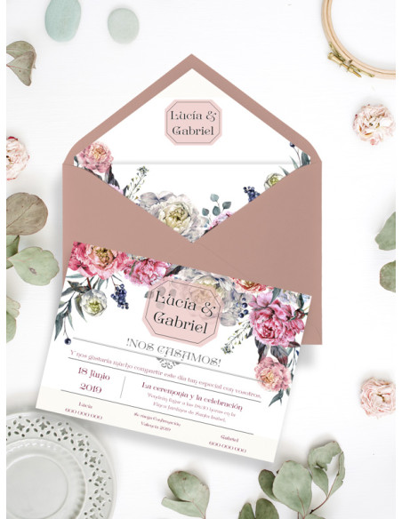 Invitaciones de boda flores peonías con sobre