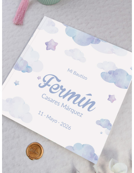 Libro de firmas bautizo niños cielo azul