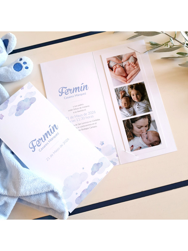 Invitación Díptico Photocall Bautizo Cielo Azul fotos bebé