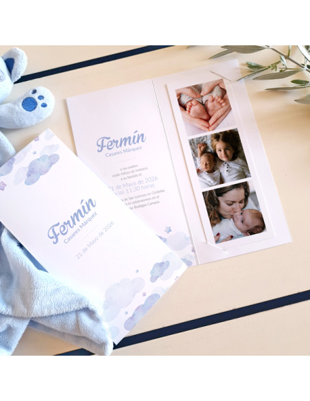 Invitación Díptico Photocall Bautizo Cielo Azul fotos bebé