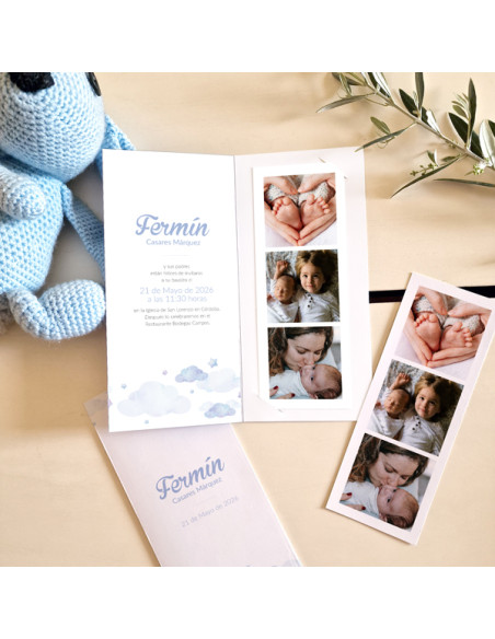 Invitación Díptico Photocall Bautizo Cielo Azul