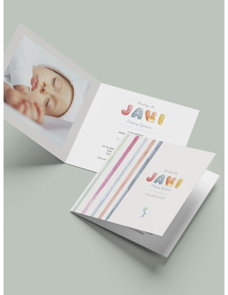 Invitación bautizo díptico cuadrado Iniciales