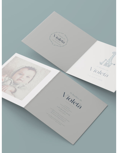 Invitación bautizo díptico cuadrado Jirafa Lola