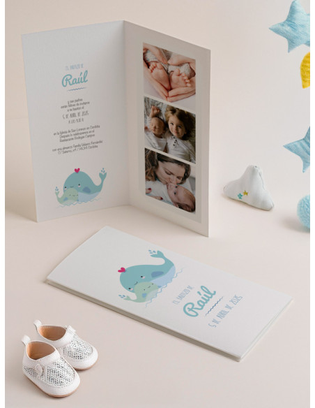 Invitación diptico photocall bautizo Ballena Love