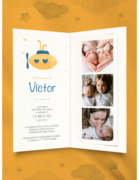Invitación diptico photocall bautizo Submarino Amarillo