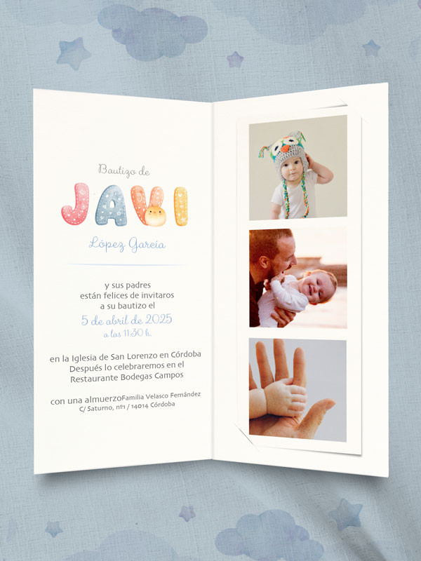 Recordatorio invitación bautizo foto niño niña barato papel gratis