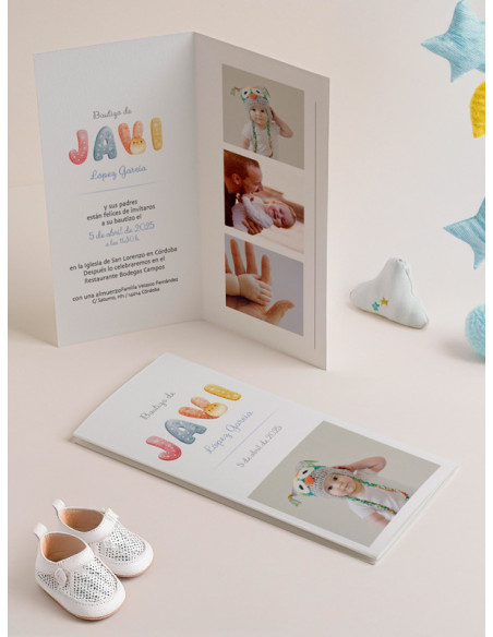 Invitación diptico photocall bautizo Iniciales