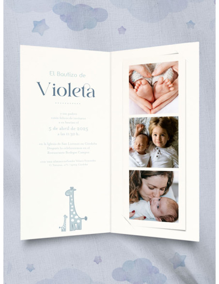 Invitación diptico photocall bautizo Jirafa Lola