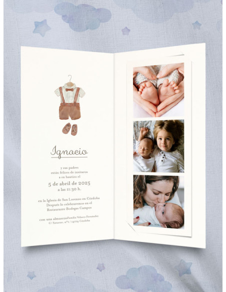 Invitación diptico photocall bautizo traje niño