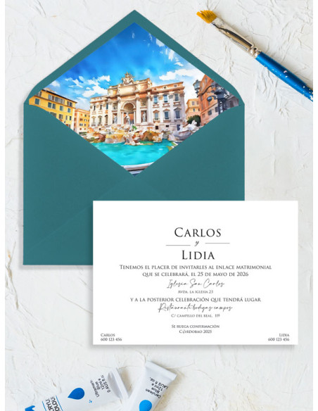 Invitación acuarela boda papel Fontana de Trevi