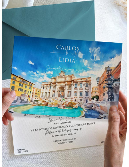 Invitación acuarela boda papel Fontana de Trevi