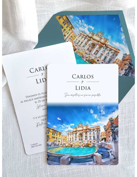 Invitación acuarela boda papel Fontana de Trevi
