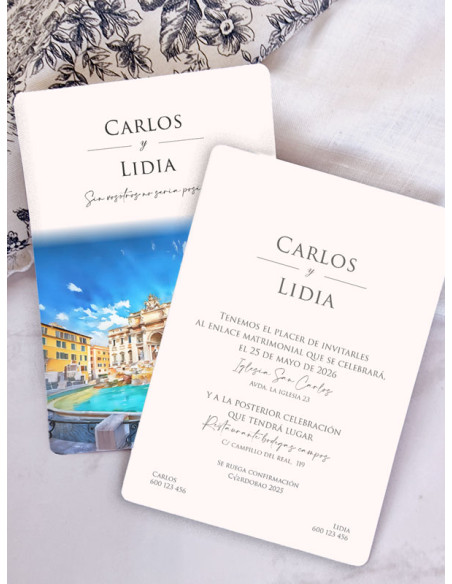 Invitación acuarela boda papel Fontana de Trevi