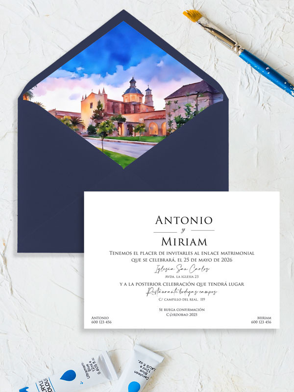 Invitación acuarela boda papel Ara...