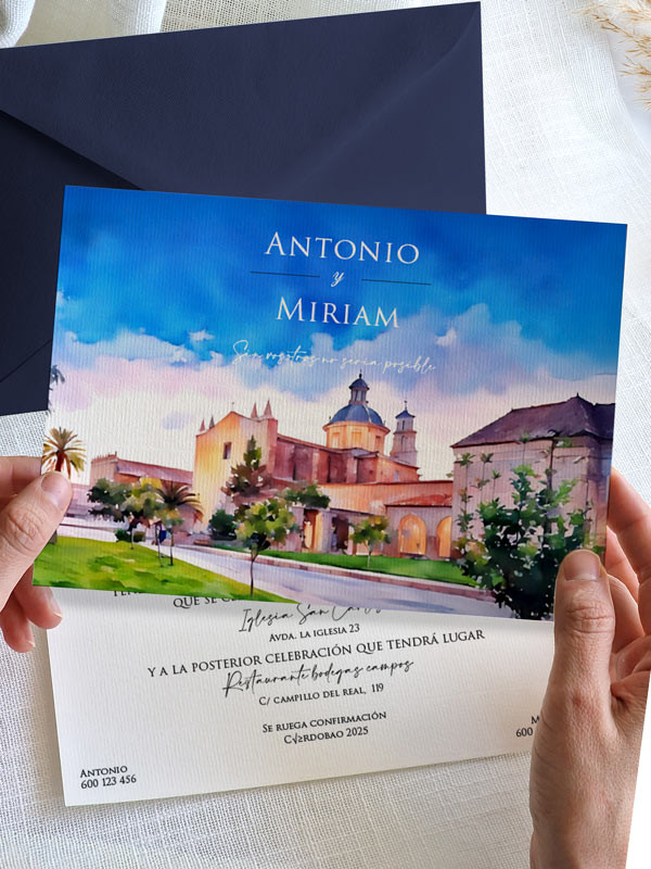 Invitación acuarela boda papel Ara...