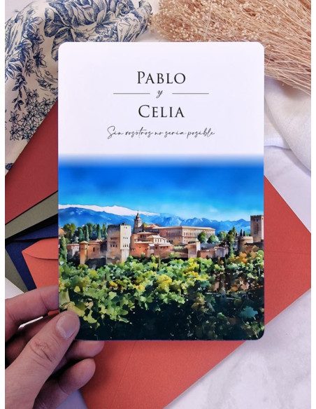 Invitación acuarela boda papel La Alhambra