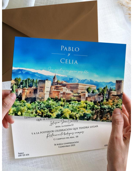 Invitación acuarela boda papel La Alhambra