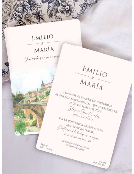 Invitación acuarela boda papel Alcázar de Toledo