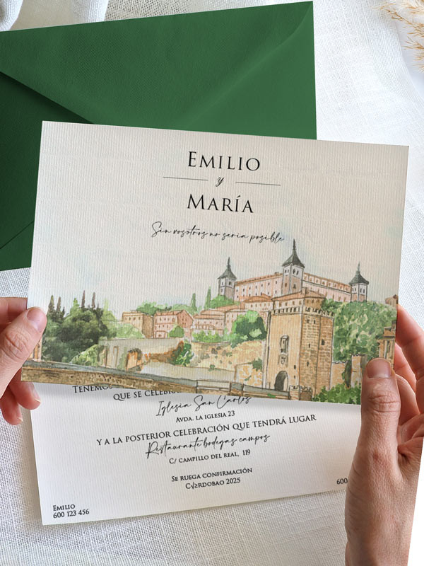 Invitación acuarela boda papel...