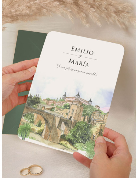 Invitación acuarela boda papel Alcázar de Toledo