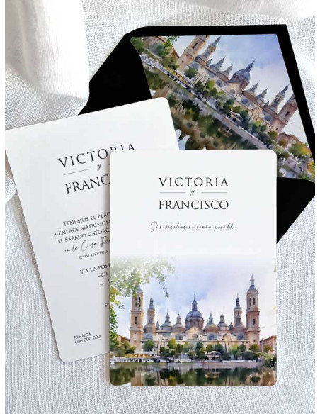 Invitación acuarela boda papel Basílica de Nuestra Señora del Pilar