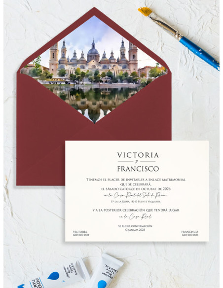 Invitación acuarela boda papel Basílica de Nuestra Señora del Pilar