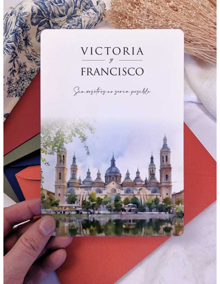 Invitación acuarela boda papel Basílica de Nuestra Señora del Pilar